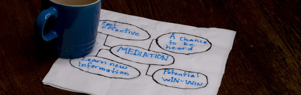hand drawn chart highlighting benefits of mediation next to mug